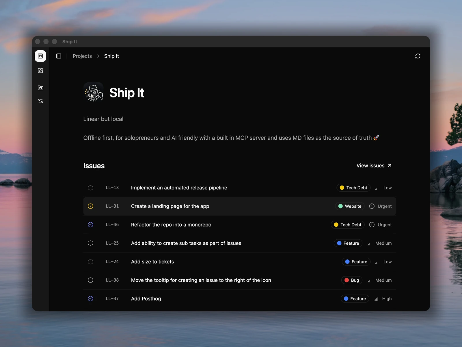 Ship It project overview showing issues, labels, and priorities